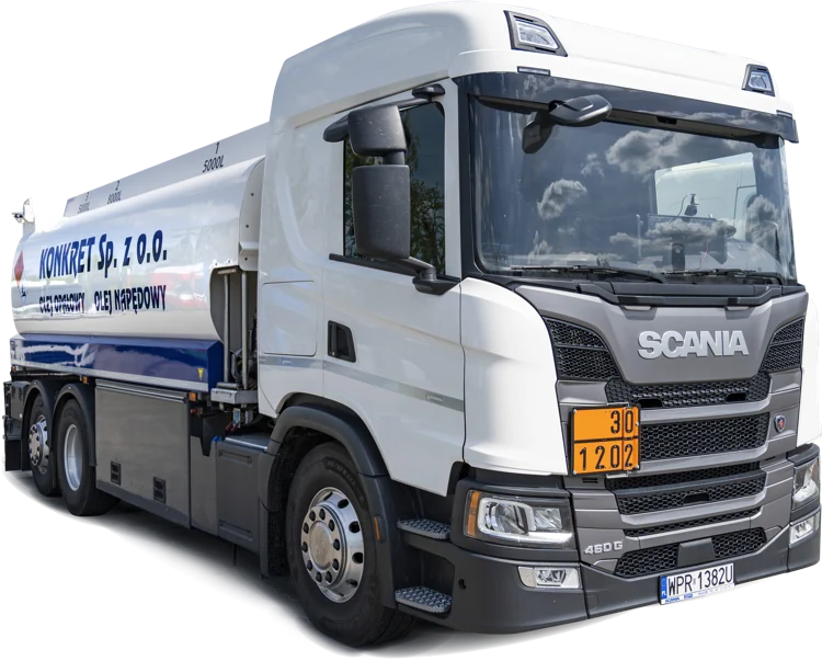 Hurtowa sprzedaż paliw – transport cysterną firmy Konkret Sp. z o.o. Cysternowy pojazd firmy Konkret Sp. z o.o. wykorzystywany do hurtowej dystrybucji paliw płynnych i oleju opałowego